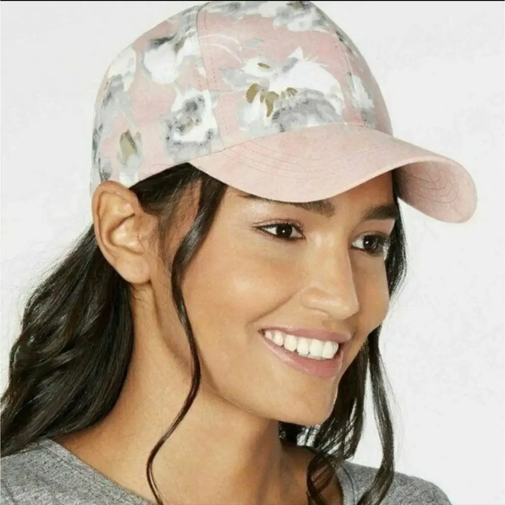 INC International Concepts Floral Cotton Suede Pink and Gray Baseball Cap OS